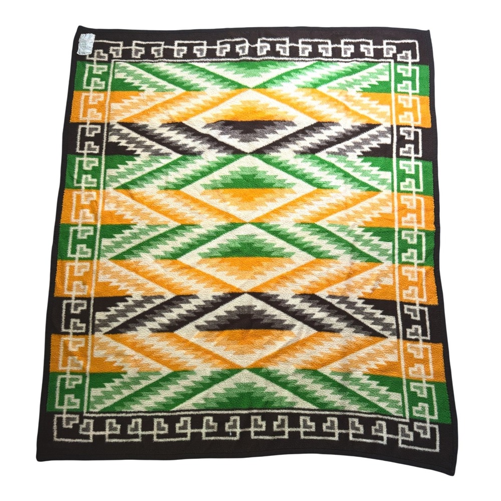 Vintage Ibena Reversible Blanket Geometric Southwestern Brown Green Germany